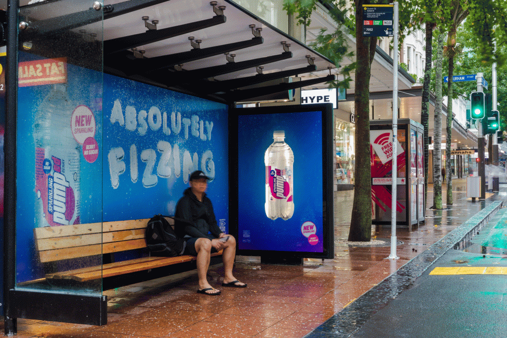 Bus shelter advertising in Auckland, New Zealand